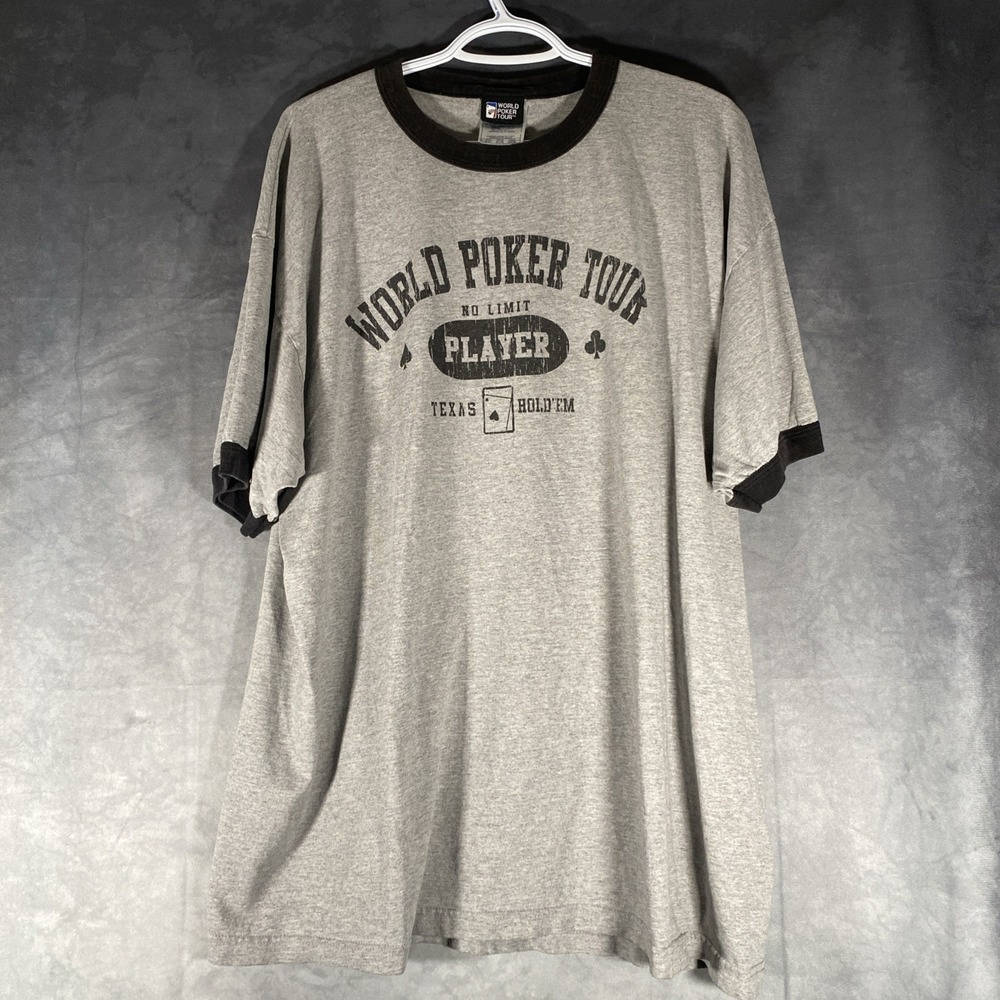 Vintage World Poker Tour T Shirt‎ Adult 2XL Gray Black Texas Hold Em Ringer